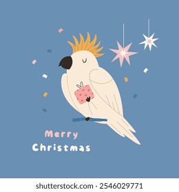 Christmas Greeting Card with Funny Cockatoo and Gift Box. Australian Holiday Illustration, Design.