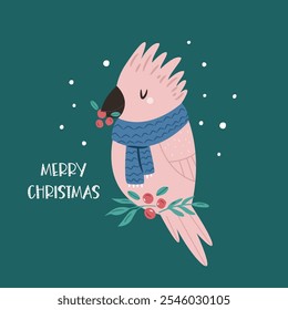 Christmas Greeting Card with Funny Cockatoo in a Scarf. Australian Holiday Illustration, Design.
