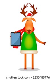 Christmas greeting card. Funny deer wearing Santa Claus hat and red scarf. Cute cartoon character holds tablet. Vector illustration on white background