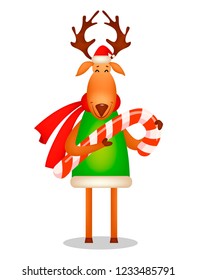 Christmas greeting card. Funny deer wearing Santa Claus hat and red scarf. Cute cartoon character holds big candy cane. Vector illustration on white background