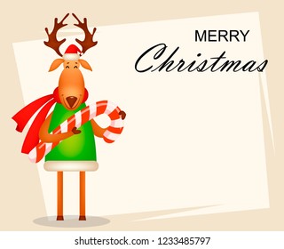 Christmas greeting card. Funny deer wearing Santa Claus hat and red scarf. Cute cartoon character holds candy cane. Vector illustration