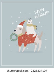 Christmas greeting card with funny dog in a holiday sweater and a cat in scarf. Vector illustration, design in a vintage style