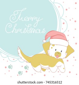 Christmas greeting card. Funny dog wearing santa's hat.