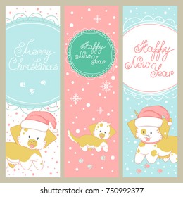 Christmas greeting card. Funny dog wearing santa's hat.