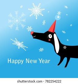 Christmas greeting card with funny dog on a blue background with snowflakes