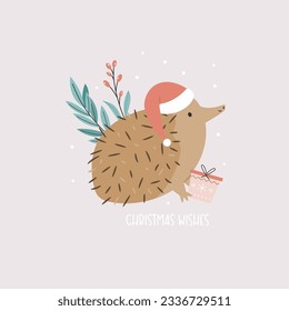 Christmas greeting card with a funny echidna sitting in a Santa hat. Holiday illustration, postcard with adorable animal