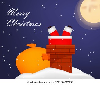 Christmas greeting card. Funny fat Santa Claus stuck in chimney. Usable for poster, flyer, invitation etc. Vector illustration with night sky on background