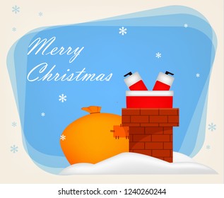 Christmas greeting card. Funny fat Santa Claus stuck in chimney. Usable for poster, flyer, invitation etc. Vector illustration