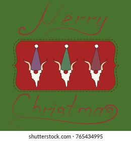 Christmas greeting card. Funny gnomes in colorful hats on red background. Cartoon New year card. Festive card with elfs in cute hats. Vector illustration.