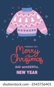 Christmas greeting card with funny hand drawn winter sweater. Vector illustration