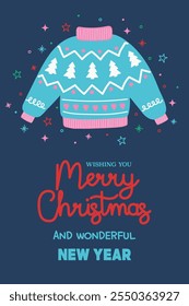 Christmas greeting card with funny hand drawn winter sweater. Vector illustration