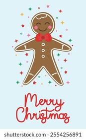 Christmas greeting card with funny hand drawn gingerbread cookie. Vector illustration