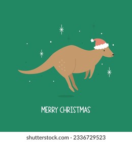 Christmas greeting card with a funny jumping kangaroo in a Santa hat. Holiday illustration, postcard with adorable animal