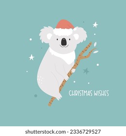 Christmas greeting card with funny koala sitting in a Santa hat. Holiday illustration, postcard with adorable animal