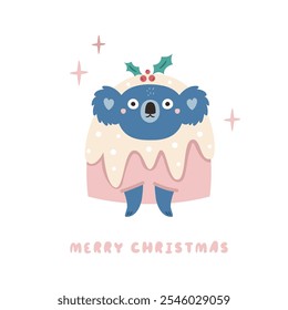 Christmas Greeting Card with Funny Koala in a Cake. Australian Holiday Illustration, Design.