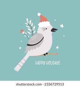 Christmas greeting card with funny kookaburra sitting in a Santa hat. Holiday illustration, postcard with adorable animal