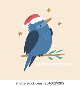 Christmas Greeting Card with Funny Kookaburra in Santa Hat. Australian Holiday Illustration, Design.
