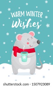 Christmas Greeting Card with funny mouse. Warm winter wishes. Cute cartoon rat character with a cup of hot chocolate or tea, wearing a scarf on snowy landscape. Flat Vector illustration