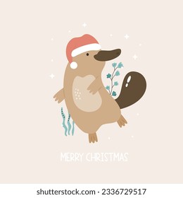 Christmas greeting card with funny platypus in a Santa hat. Holiday illustration, postcard with adorable animal