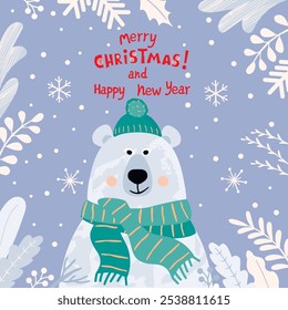 Christmas greeting card with funny polar bear.Cartoon background with cute animal character,hand written,snowflakes,twigs and berries.Vector print on fabric and paper.Flat color illustration.