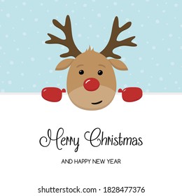Christmas greeting card with funny reindeer. Vector
