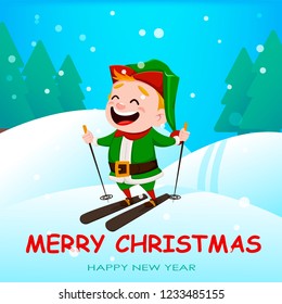 Christmas greeting card. Funny Santa Claus helper elf. Cheerful cartoon character skiing. Vector illustration with winter forest on background