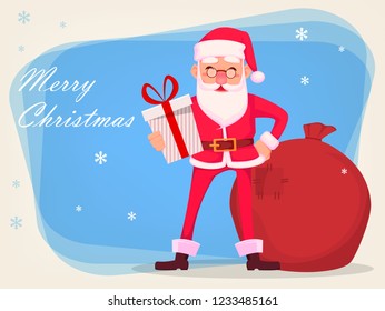 Christmas greeting card. Funny Santa Claus in glasses, cheerful cartoon character holds gift box. Vector illustration on blue background with snowflakes