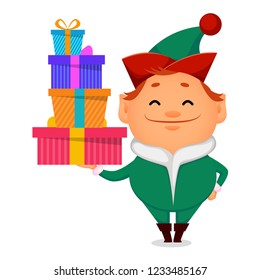 Christmas greeting card. Funny Santa Claus helper elf. Cheerful cartoon character holds four gift boxes. Vector illustration on white background