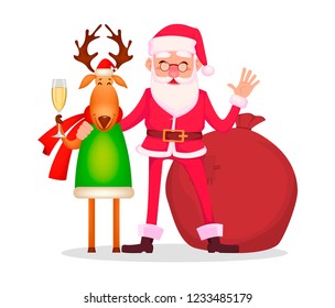 Christmas greeting card. Funny Santa Claus in glasses, cheerful cartoon character stands with deer. Vector illustration on white background