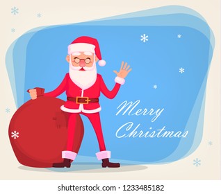 Christmas greeting card. Funny Santa Claus in glasses, cheerful cartoon character holds bag with presents. Vector illustration on blue background with snowflakes