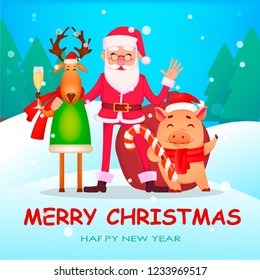 Christmas greeting card. Funny Santa Claus in glasses, cute deer with champagne and pig, cheerful cartoon characters. Vector illustration 