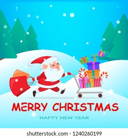 Christmas greeting card. Funny Santa Claus running with shopping cart full of presents. Cheerful cartoon character. Vector illustration with winter forest on background