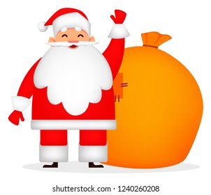 Christmas greeting card. Funny Santa Claus with big sack with presents. Cheerful cartoon character. Usable for poster, flyer, invitation etc. Vector illustration on white background