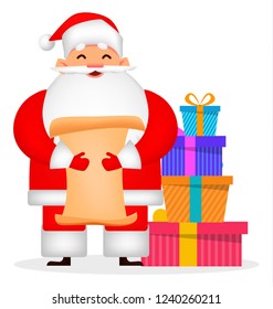 Christmas greeting card. Funny Santa Claus. Cheerful cartoon character reading letter. Usable for poster, flyer, invitation etc. Vector illustration on white background