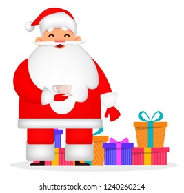 Christmas greeting card. Funny Santa Claus holds a cup of hot drink and stands near gift boxes. Cheerful cartoon character. Vector illustration on white background