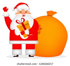 Christmas greeting card. Funny Santa Claus holds gift box. Cheerful cartoon character. Usable for poster, flyer, invitation etc. Vector illustration on white background