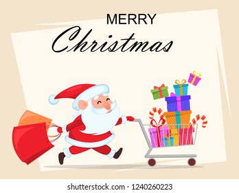 Christmas greeting card. Funny Santa Claus running with shopping cart full of presents. Cheerful cartoon character. Vector illustration 