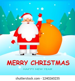 Christmas greeting card. Funny Santa Claus. Cheerful cartoon character. Usable for poster, flyer, invitation etc. Vector illustration with winter forest on background