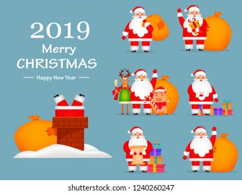 Christmas greeting card. Funny Santa Claus, set of seven poses. Cheerful cartoon character. Vector illustration