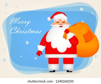 Christmas greeting card. Funny Santa Claus holds big sack with presents. Cheerful cartoon character. Usable for poster, flyer, invitation etc. Vector illustration