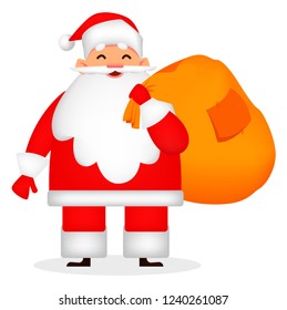 Christmas greeting card. Funny Santa Claus holds big sack with presents. Cheerful cartoon character. Usable for poster, flyer, invitation etc. Vector illustration on white background