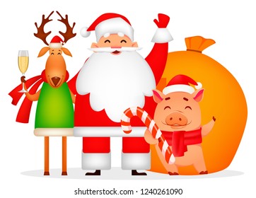 Christmas greeting card. Funny Santa Claus, pig and deer. Cheerful cartoon characters. Usable for poster, flyer, invitation etc. Vector illustration on white background