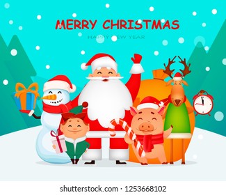 Christmas greeting card. Funny Santa Claus, pig, deer, snowman and elf. Cheerful cartoon characters. Usable for poster, flyer, invitation etc. Vector illustration with winter forest on background