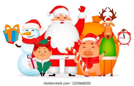 Christmas greeting card. Funny Santa Claus, pig, deer, snowman and elf. Cheerful cartoon characters. Usable for poster, flyer, invitation etc. Vector illustration on white background