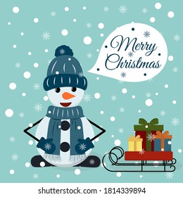 Christmas greeting card with funny snowman, open sleigh with bunch of gifts and snowflakes on the background. Vector illustration for design.