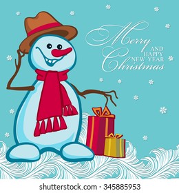 Christmas greeting card with funny snowman on winter background with frosty patterns. Vector illustration.