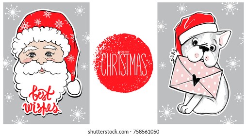 Christmas greeting card with funny vector french bulldog puppy and cute Santa Claus. Happy New Year illustration. Winter design. Happy holidays template. Xmas 2018 card. Best wishes.