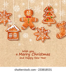 Christmas greeting card with funny watercolor gingerbread cookies hanging on a retro background. Vector illustration