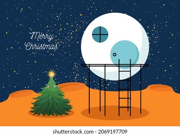 Christmas greeting card. Futuristic landscape on the Mars with cabin and Christmas tree