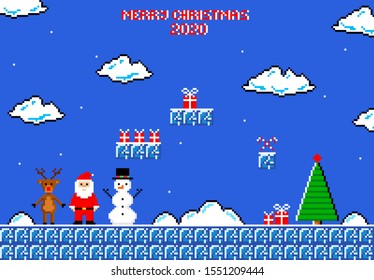 Christmas greeting card. Christmas game. Santa Claus, reindeer, snowman and Christmas tree in style of eight-bit game. Inscription of  Merry Christmas 2020.  Vector illustration.